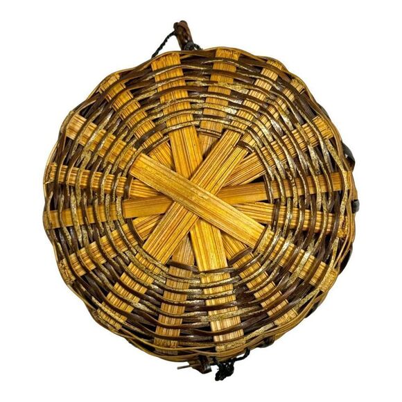 Handwoven Round Pine Straw & Rattan Trinket Box Sewing Jewelry With Lid 3" Mini - Picture 7 of 7